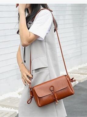 Bluevi French Chic Brown Oil Wax Leather Crossbody Minimalist Shoulder Purse